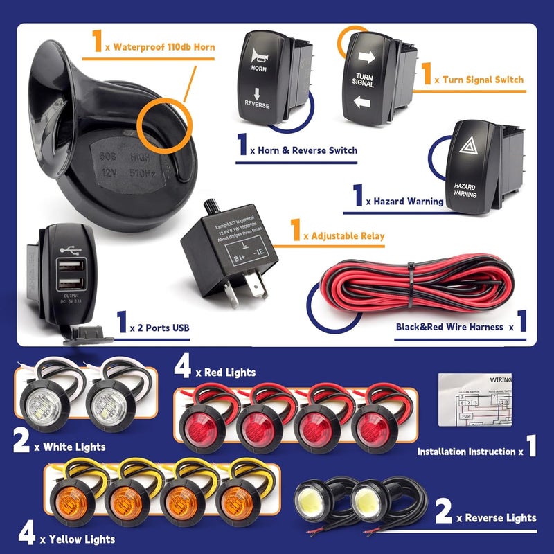 Dusledel Universal ATV UTV SXS Turn Signal Street Legal Blinker Kit with 110DB Horn Reverse Hazard Light Rocker Switch USB Flasher Relay Compatible with Polaris RZR Ranger Xp Turbo Can-Am Kawasaki Golf Cart - Image 3